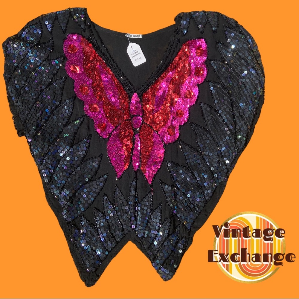 Vintage 80’s Silk Sequins Butterfly Top